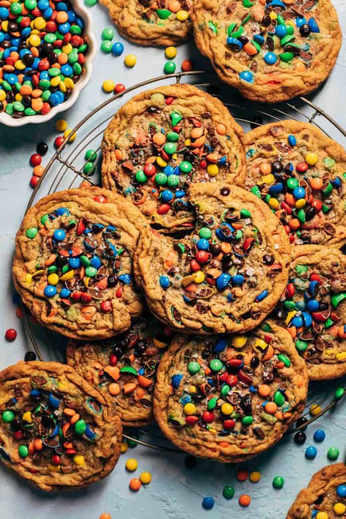 m&m cookies on a cooling rack