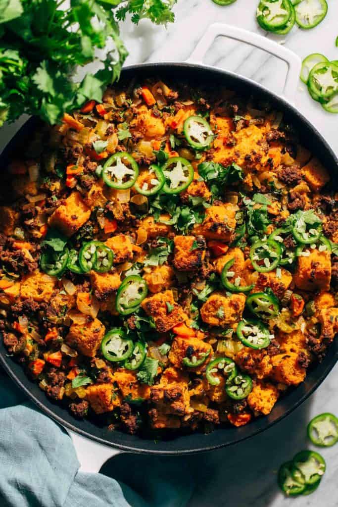 a pan of freshly baked cornbread stuffing