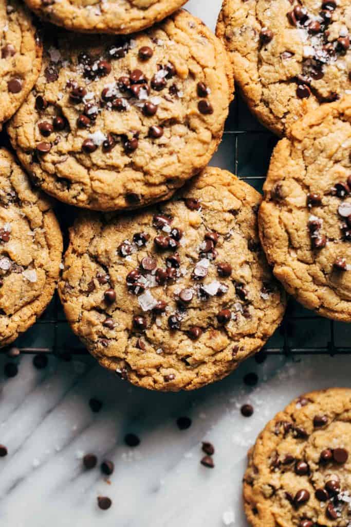 peanut butter chocolate chip cookies on a cooling rack