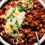 the top view of a bowl of chili