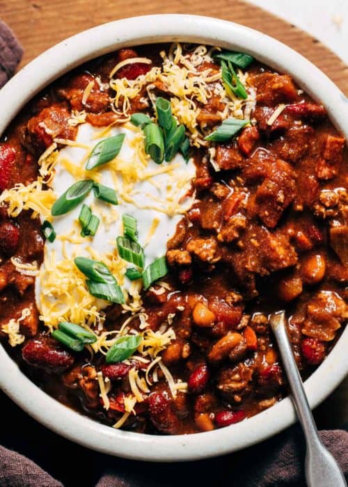 the top view of a bowl of chili