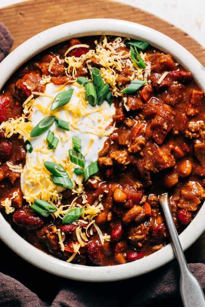 the top view of a bowl of chili