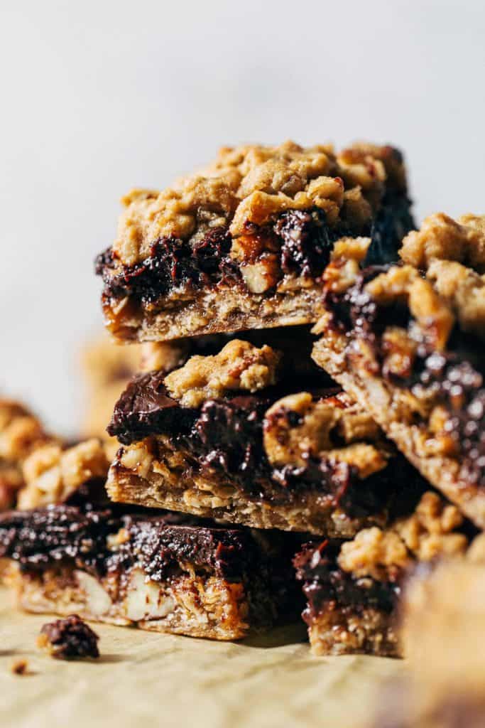 a stack of sliced oatmeal fudge bars