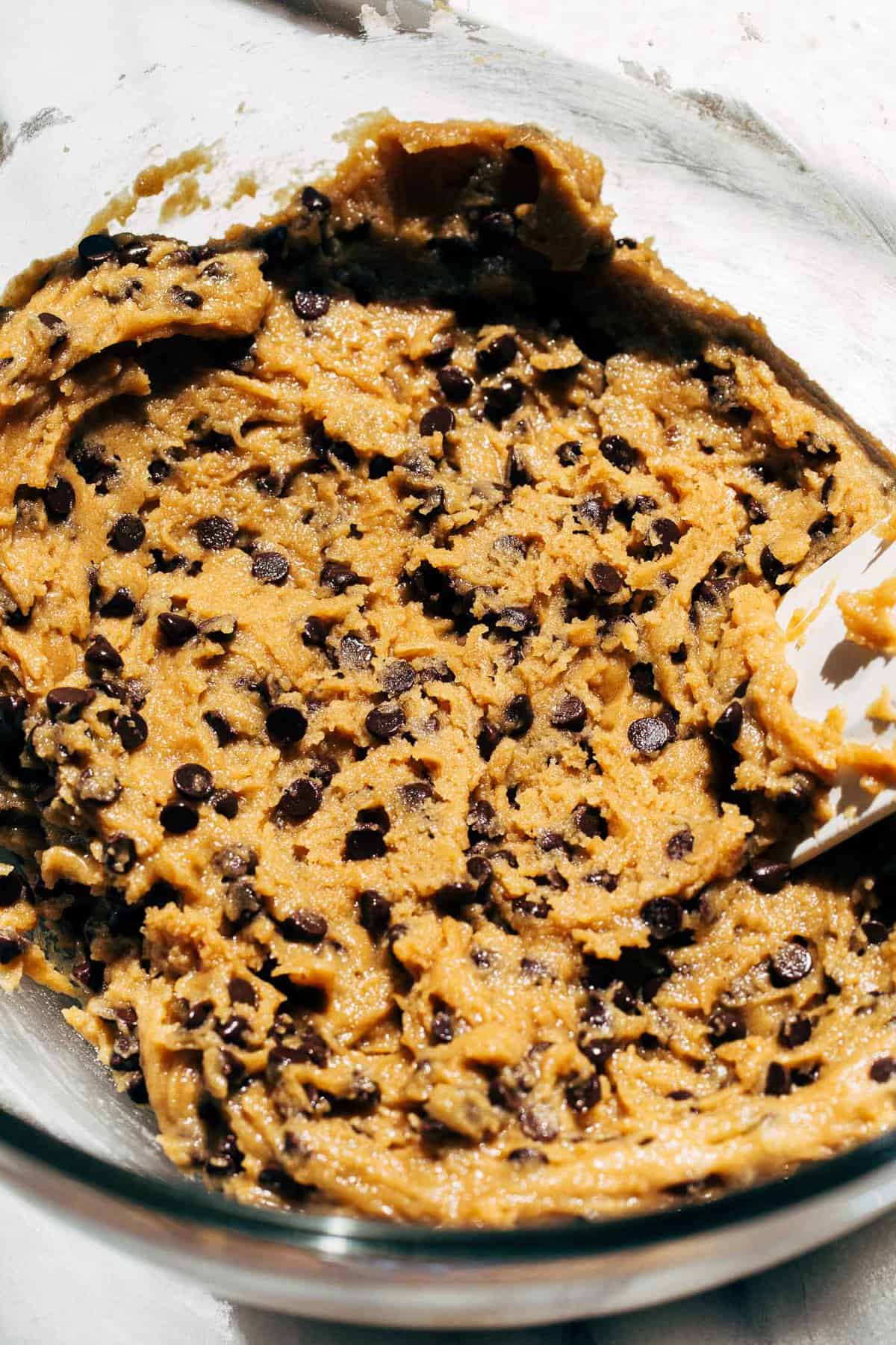 a bowl of peanut butter chocolate chip cookie dough