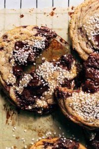 a miso chocolate chip cookie split in half