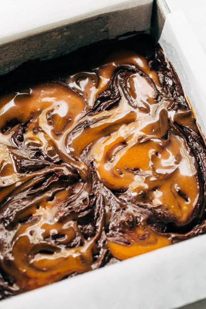 caramel swirled into brownie batter