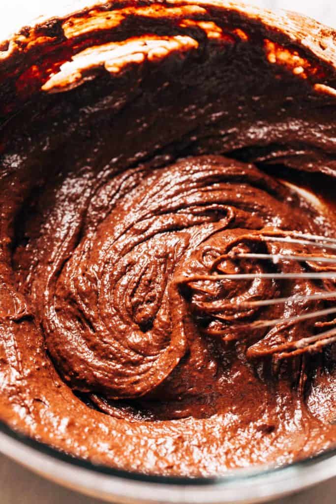a bowl of chocolate cake batter