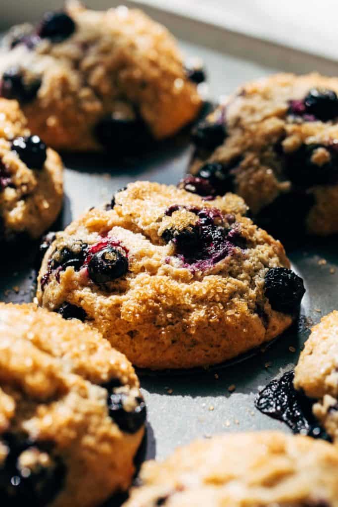 a freshly baked blueberry muffin in a muffin tin