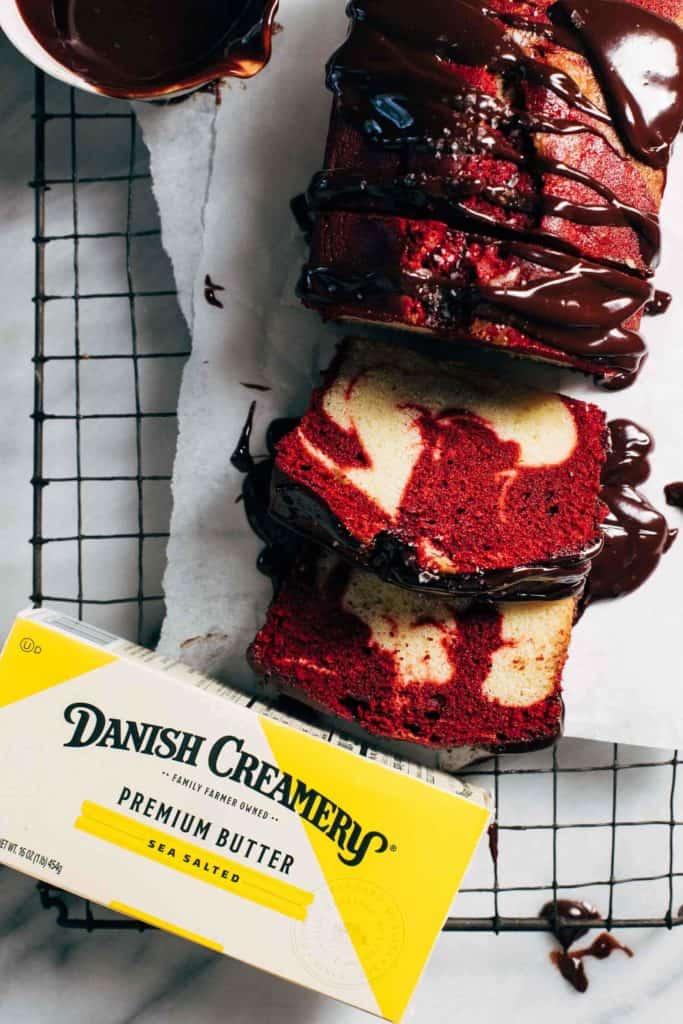 red velvet pound cake with a box of butter