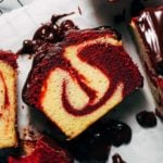 close up on a slice of red velvet swirled pound cake