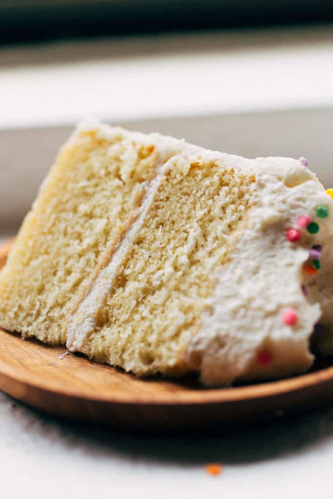 close up on a slice of vanilla cake