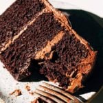 close up on a slice of gluten free chocolate cake