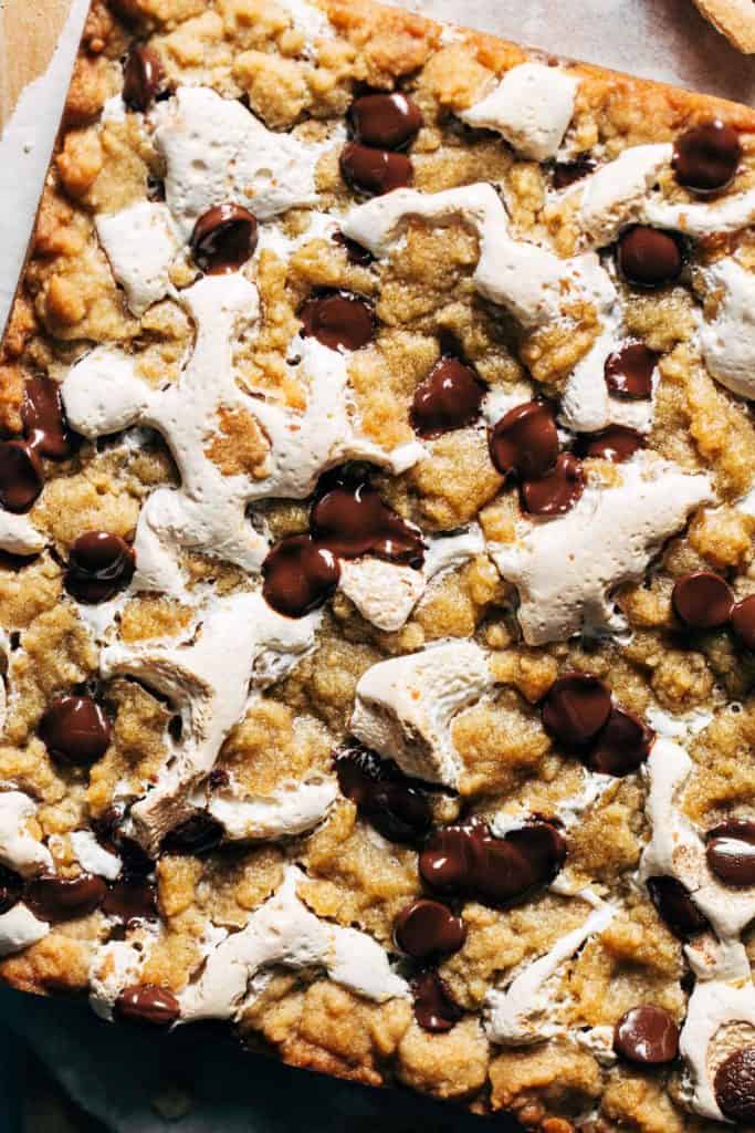 close up on the texture of freshly baked smores bars