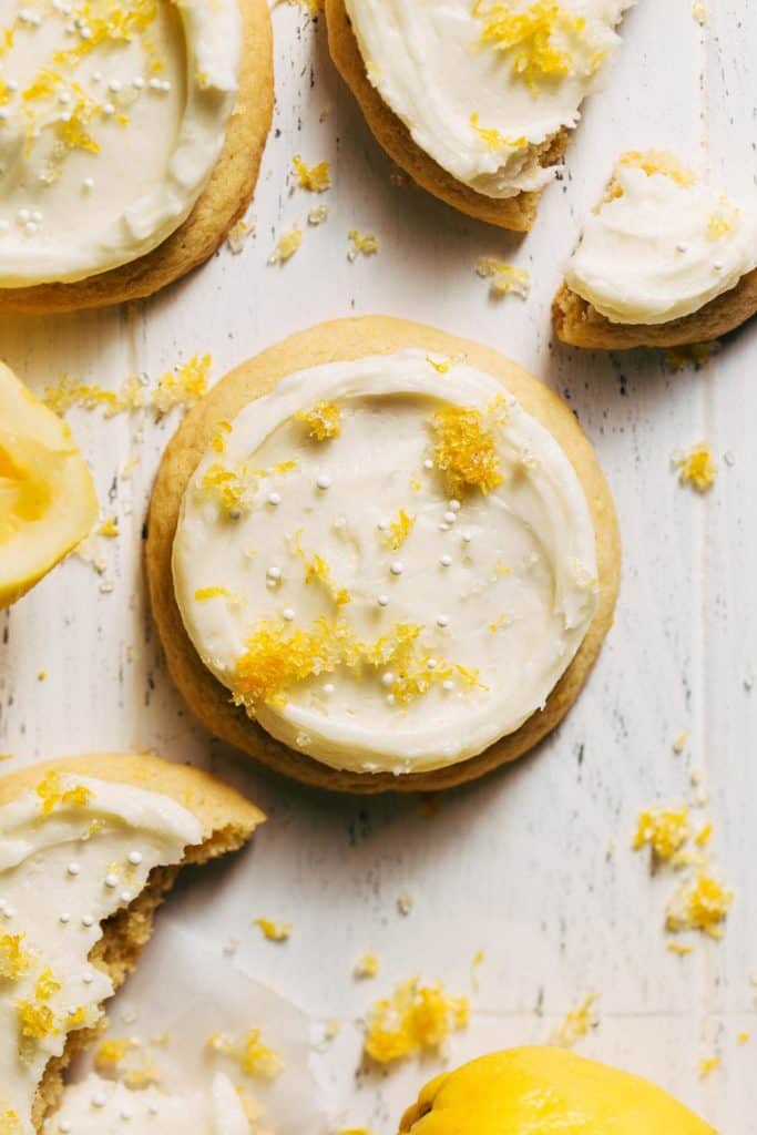 close up on a frosted lemon sugar cookie