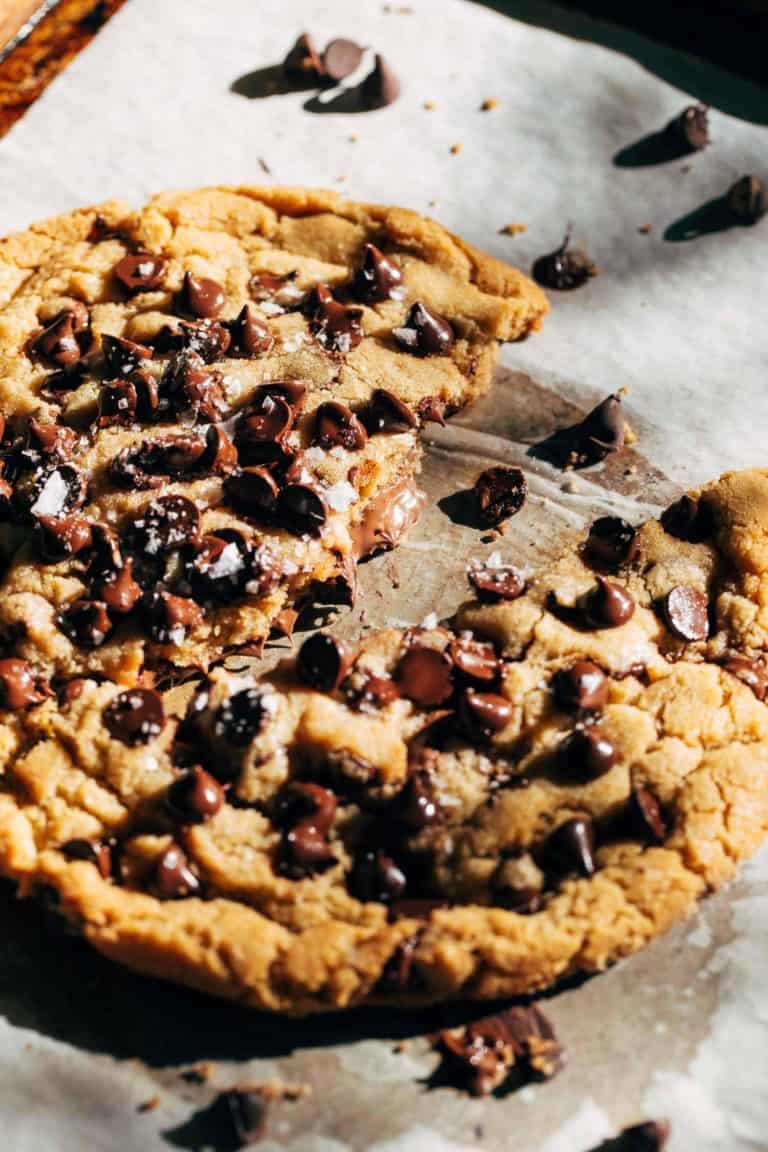 a giant chocolate chip cookie split in half