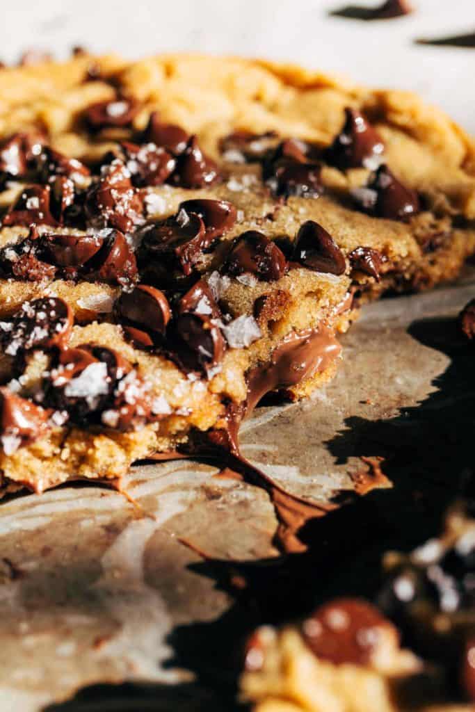 a giant chocolate chip cookie split in half