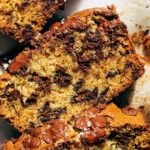 close up on a slice of chocolate chip zucchini bread