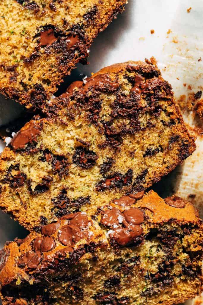 close up on a slice of chocolate chip zucchini bread