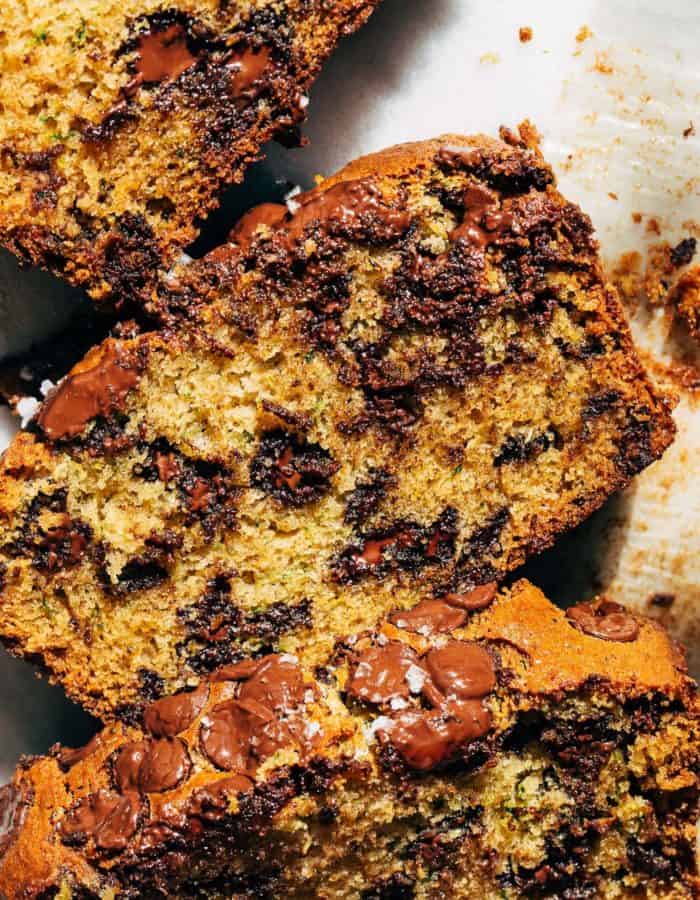 close up on a slice of chocolate chip zucchini bread