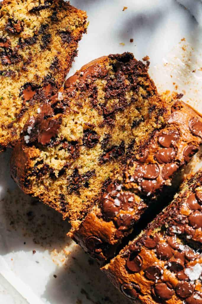 the inside of a sliced loaf of zucchini bread