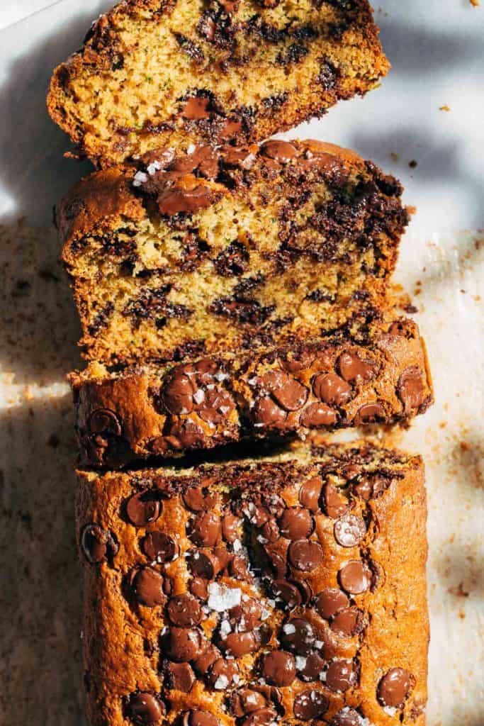 top view of a sliced loaf of chocolate chip zucchini bread