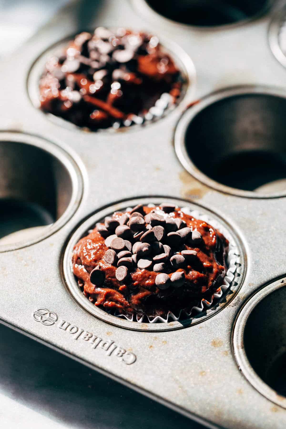 double chocolate chip muffin batter in the muffin pan