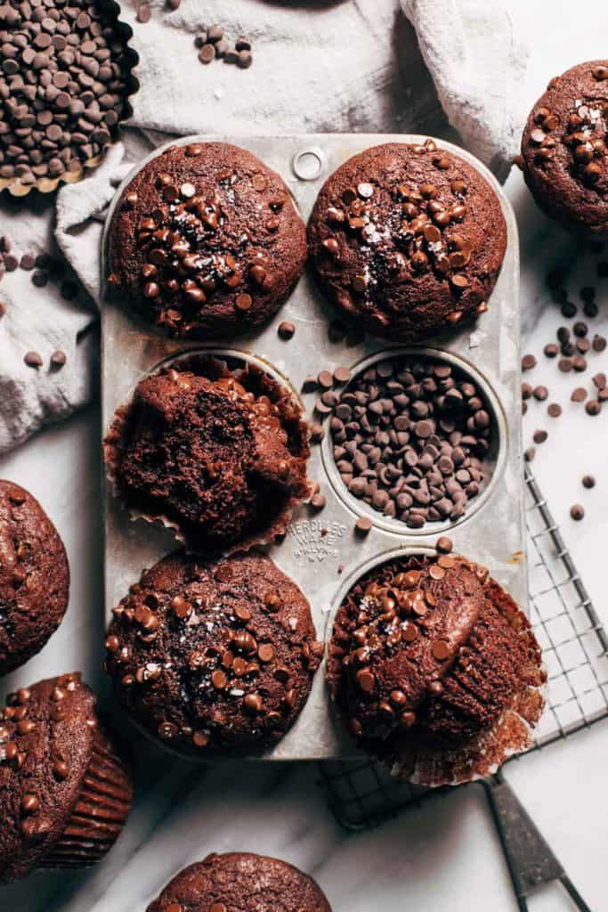 double chocolate chip muffins in a vintage muffin pan