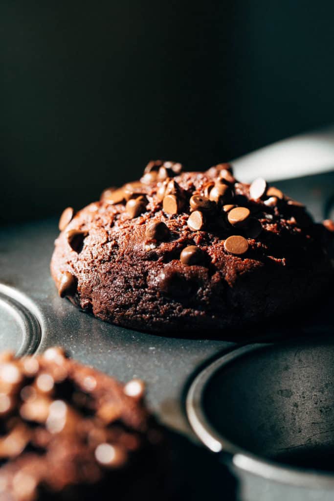 a chocolate muffin freshly baked in the pan