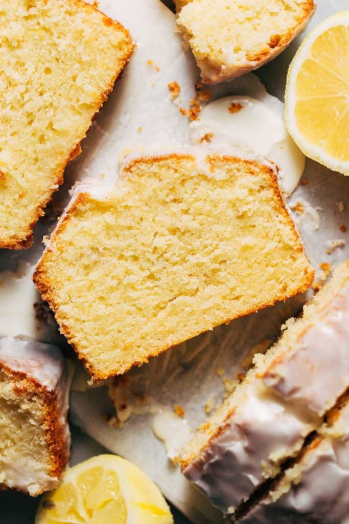 close up on a slice of lemon loaf cake