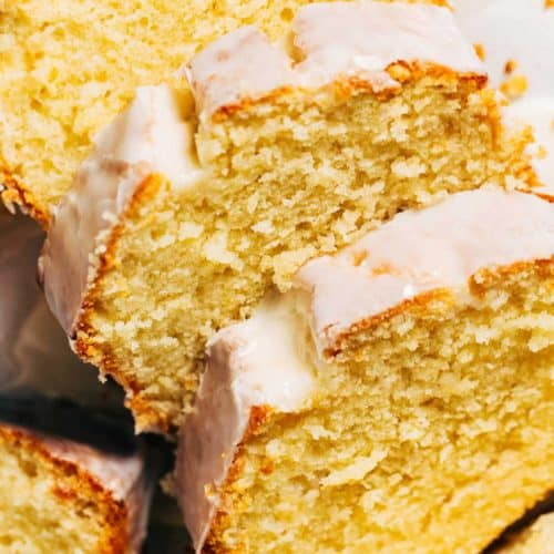 close up on slices of lemon loaf cake