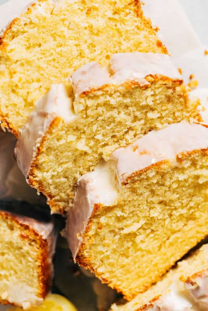 close up on slices of lemon loaf cake