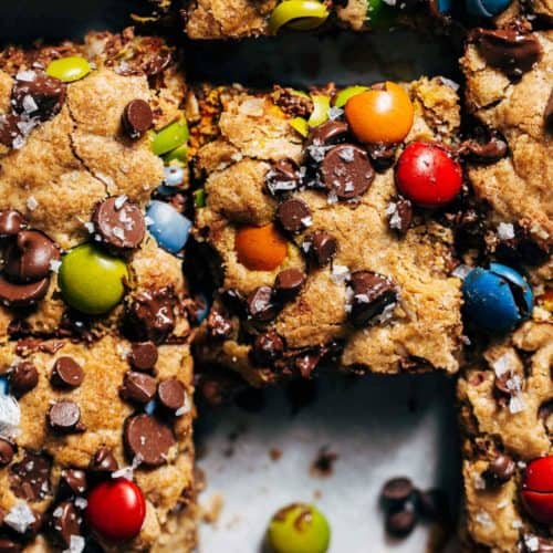 close up on the top of monster cookie bars