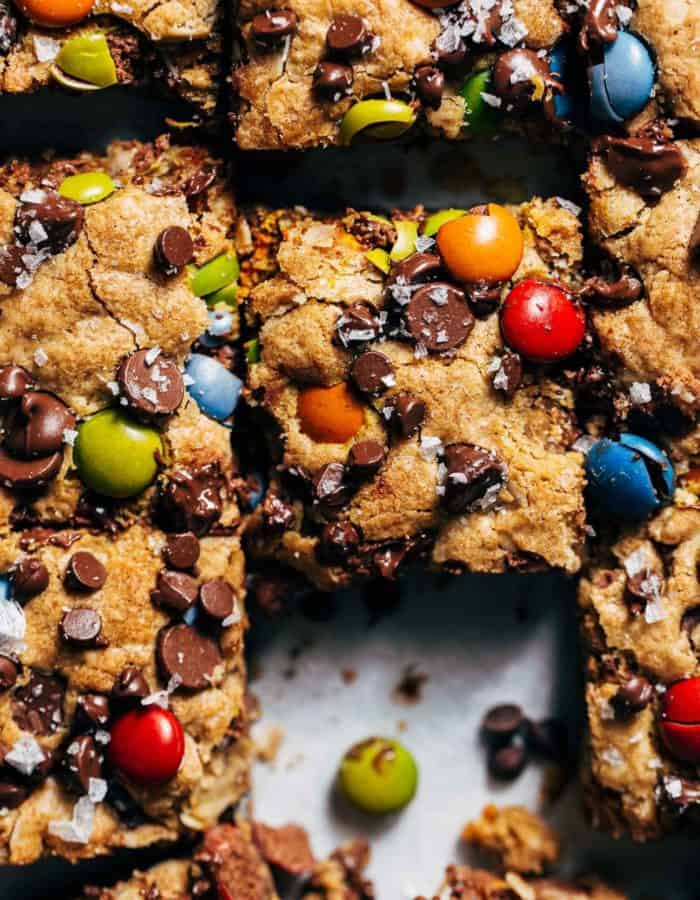 close up on the top of monster cookie bars