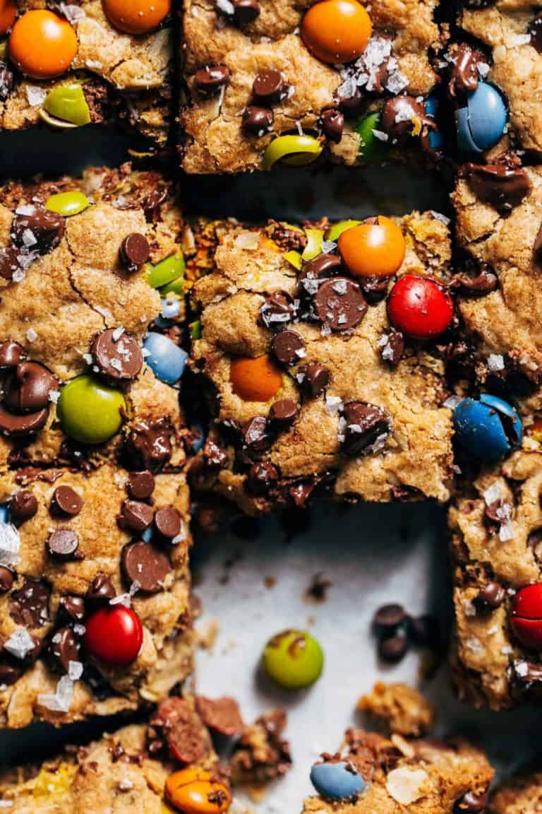 close up on the top of monster cookie bars