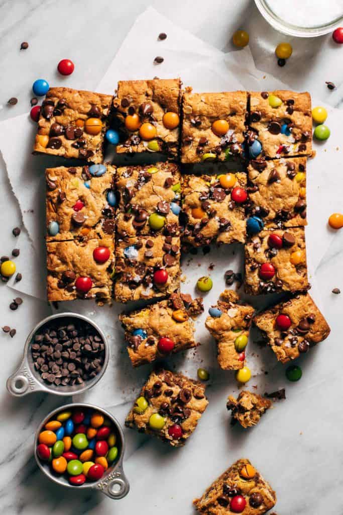 scattered slices of monster cookie bars