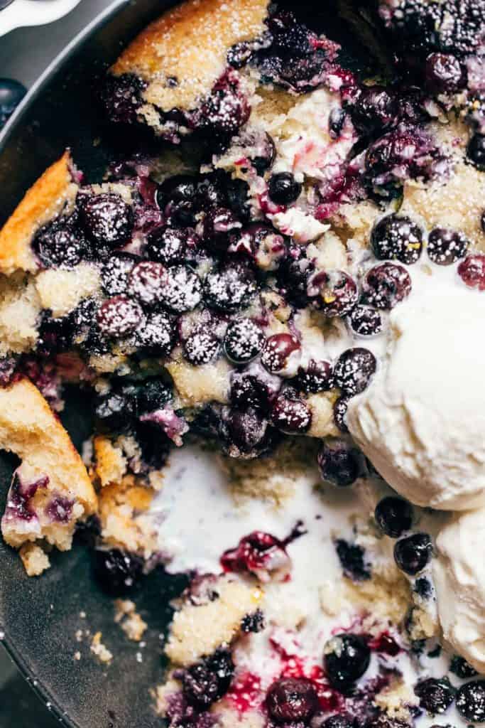 close up on the top of a blueberry cobbler