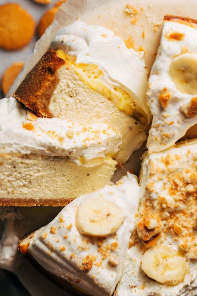 two slices of banana pudding cheesecake on their sides