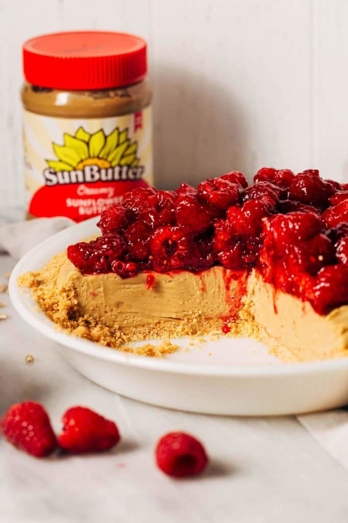 the inside of a sliced sunbutter and raspberry pie