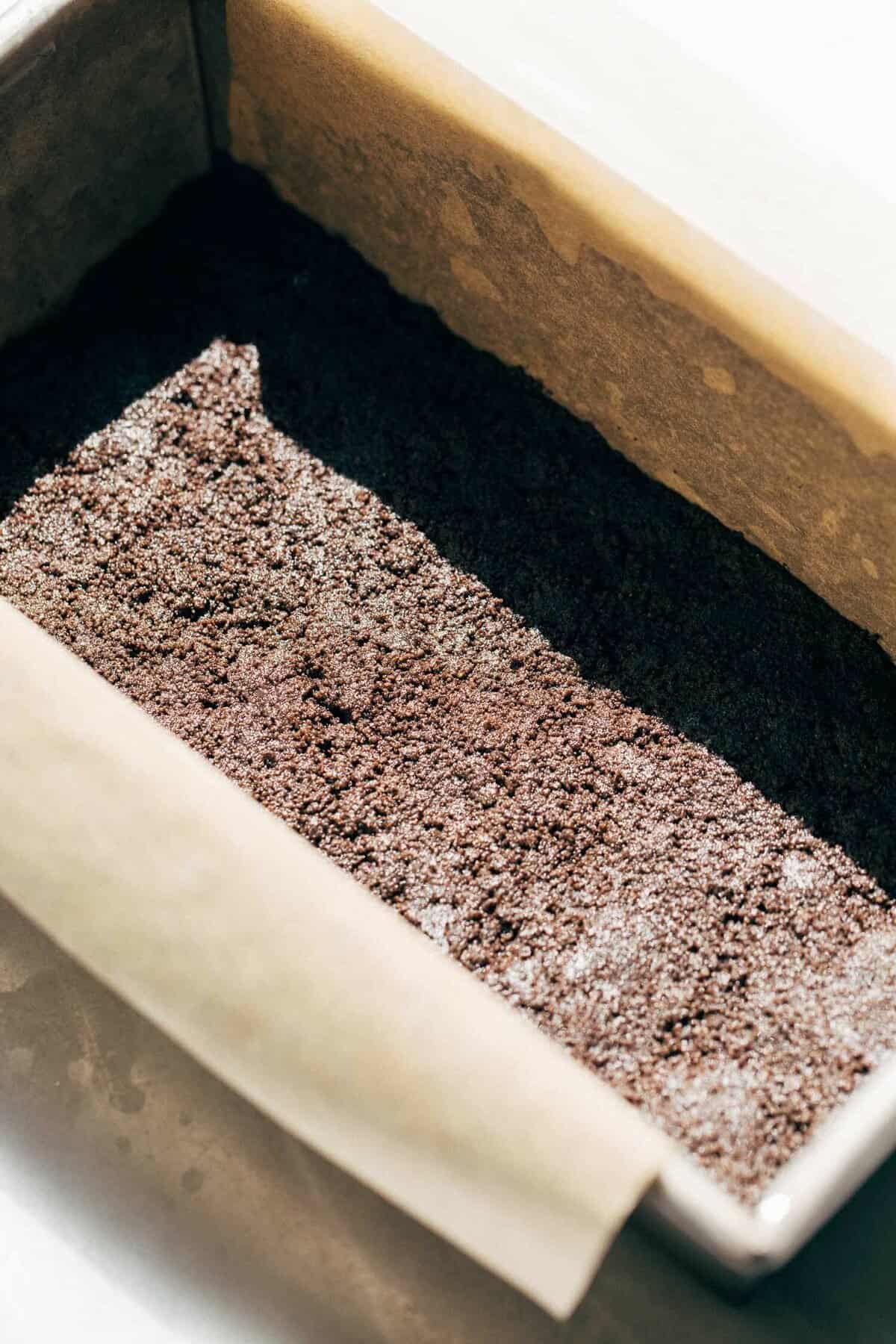 oreo crust pressed into a loaf pan