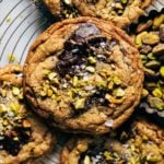 close up on the top of a dark chocolate chunk cookie