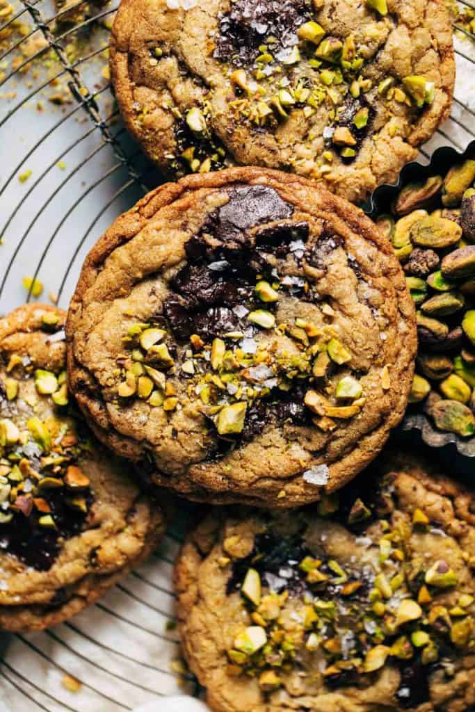 close up on the top of a dark chocolate chunk cookie