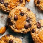 close up on salted caramel chocolate chip cookies