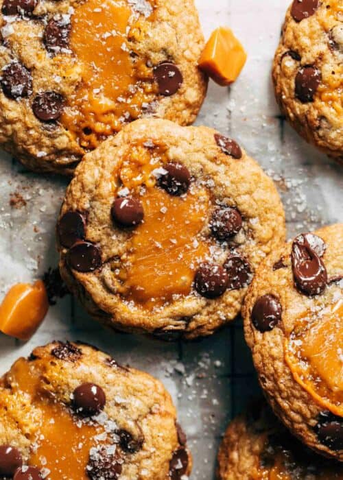 close up on salted caramel chocolate chip cookies