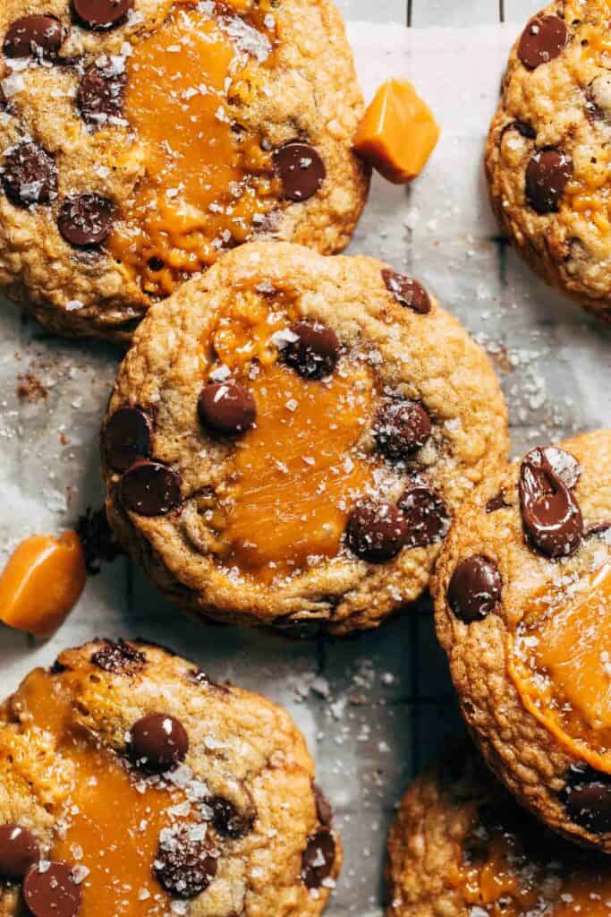 close up on salted caramel chocolate chip cookies