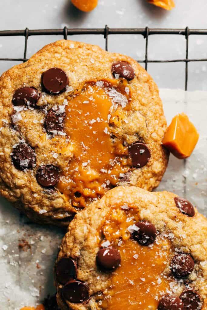 close up on the top of a salted caramel chocolate chip cookie