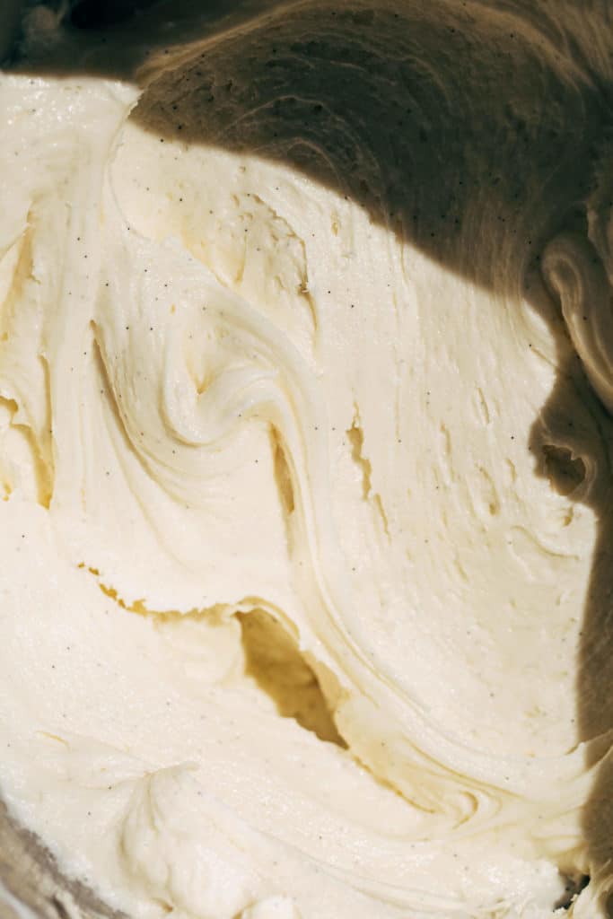 close up on the texture of vanilla bean buttercream