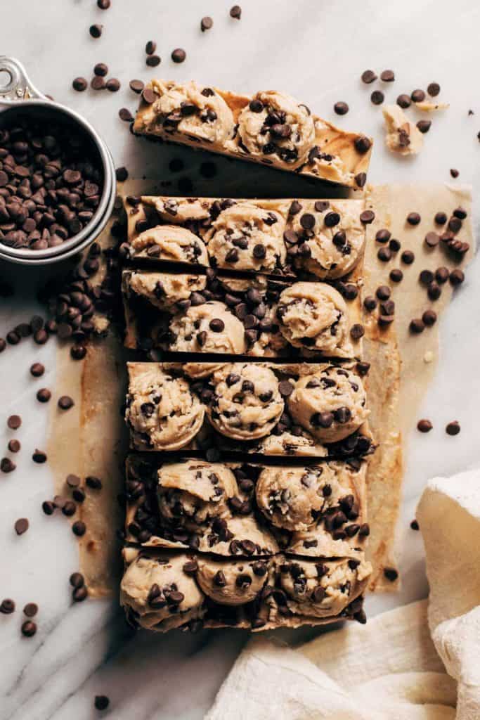 the top of sliced cookie dough cheesecake