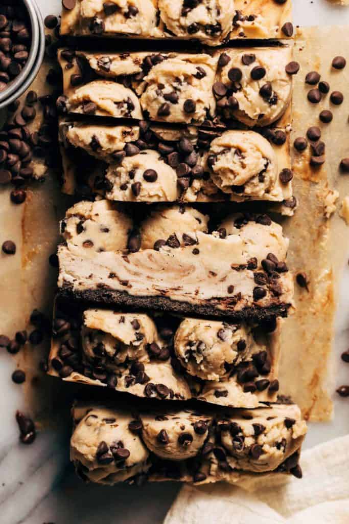 the side of a slice of cookie dough cheesecake