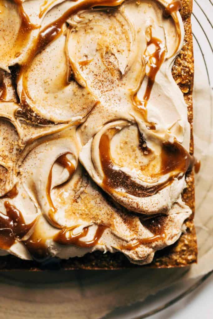 caramel frosting swirled on top of blondies