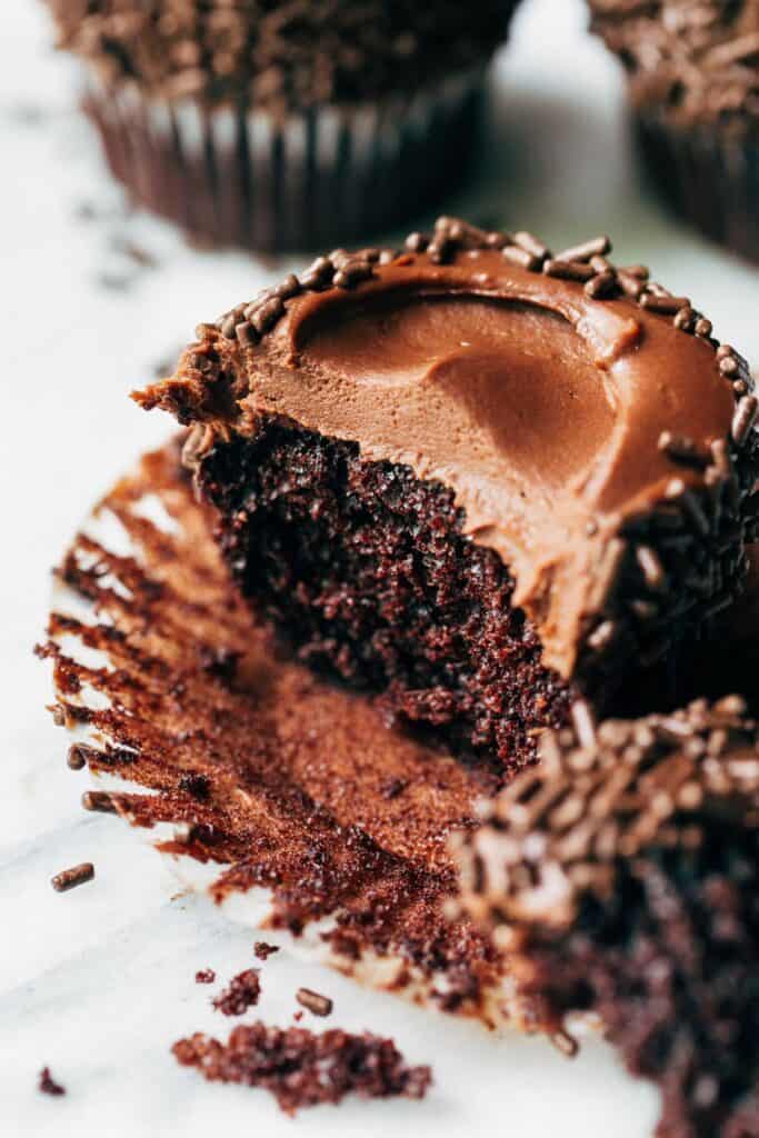 a chocolate cupcake sliced in half